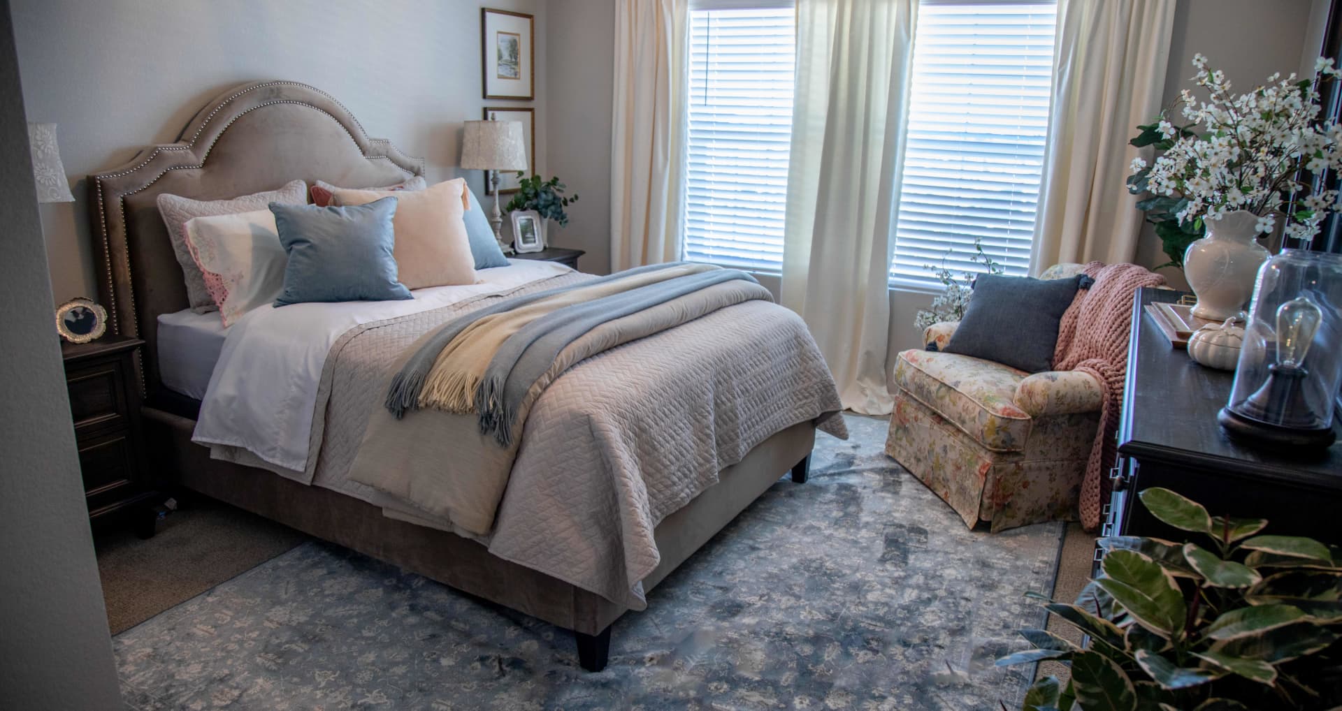 The Rainier Upholstered Bed in a cottage bedroom