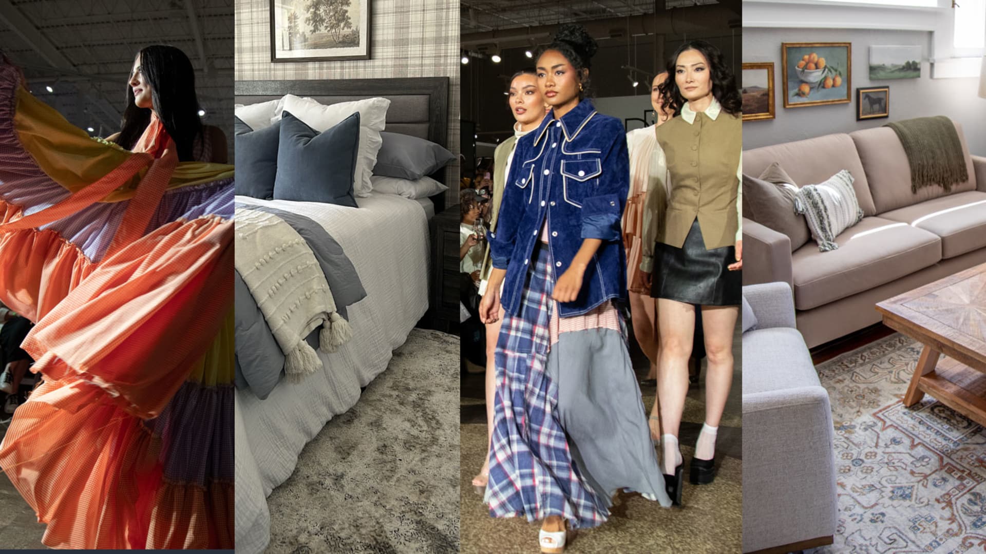 Alternating Images between Contemporary Rooms Styled with Vintage Pieces and Fashion Show Runway looks with the same style